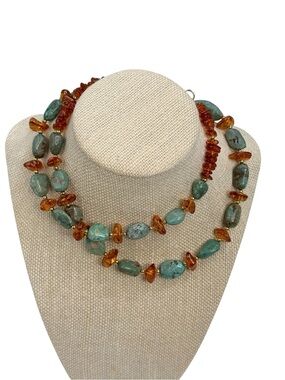 VINTAGE Lee Sands gem turquoise cognac amber nugget gold tone bead necklace 27”